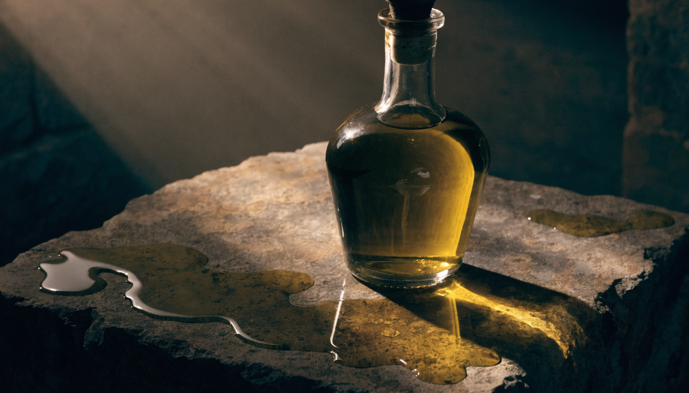 Bottiglia di olio extravergine d'oliva su pietra antica — OLEVM